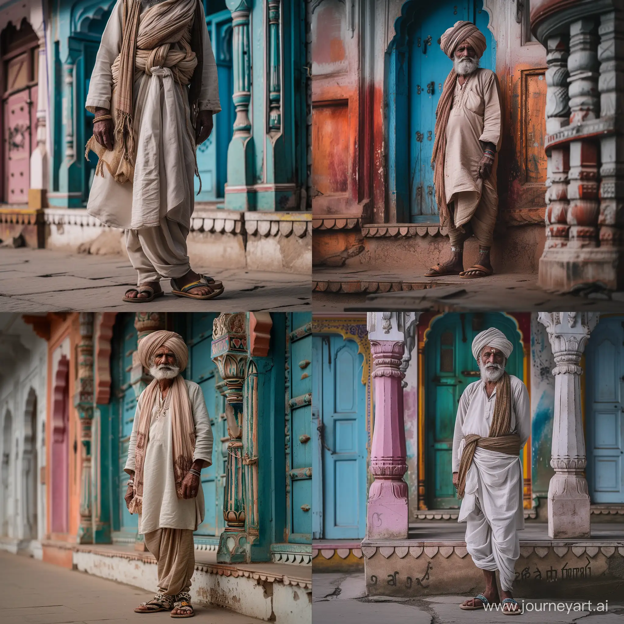   old  rabari man rajasthan is waring a turban  and sandels in tradional  clothing is standing before old colorfull rajasthan building   soft light and contrast  low angle 35 mm fujixt4 total body