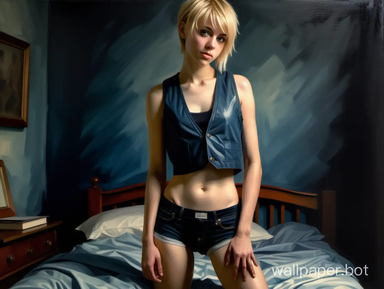 A pretty, petite, slender lesbian with blonde hair cut very short, with a boyish fringe.  Athletic panties and ceopped vest that show her toned, bare midriff. A feminine, untidy college bedroom. Full body-length portrait. Dark, muted blues. Soft light. The aesthetic and textures of a fine art oil painting