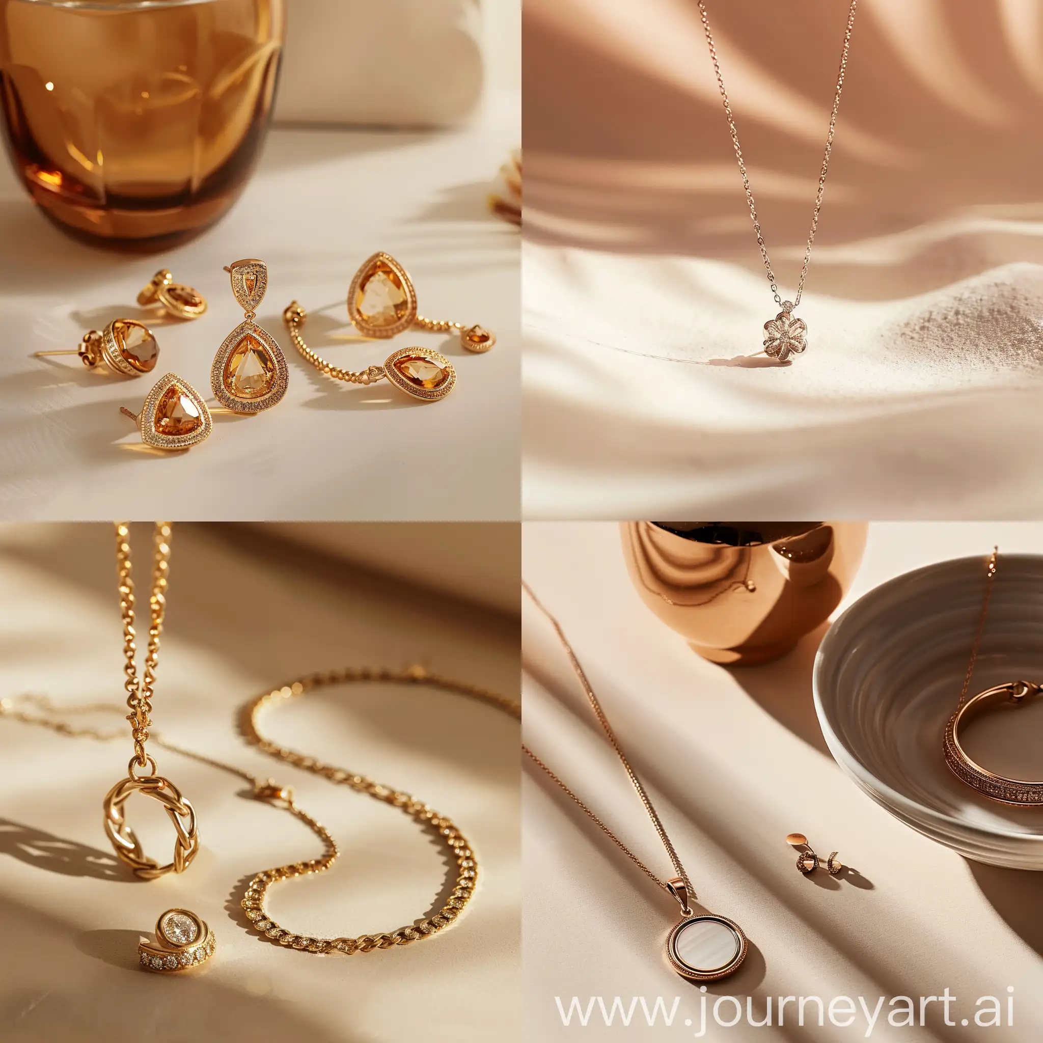 Product photography, jewellery products, on a clean light beige background, close up shot