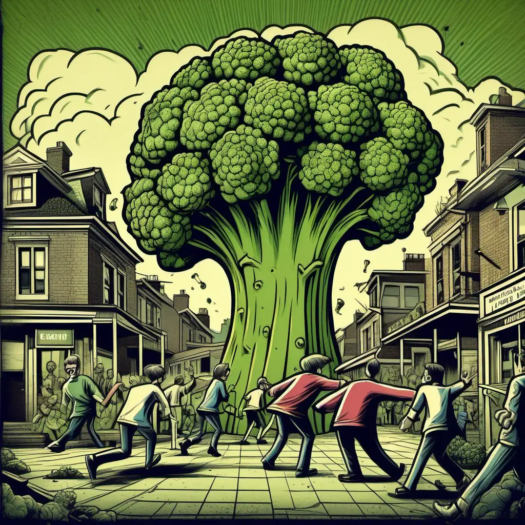 RetroStyle Illustrated Scene Terrifying Broccoli Rampage in the Town