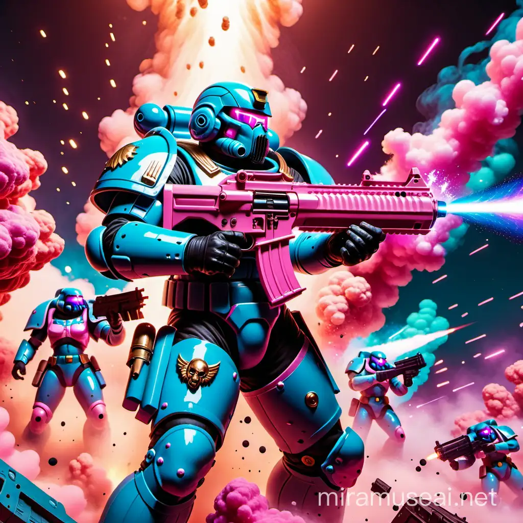 Vaporwave style. Pink and blue colors. A space marine in a battlefield with a bolter gun is shooting on enemies. He's got an armor and ammos on his chest. Explosions and smoke in the background. Lasers. 