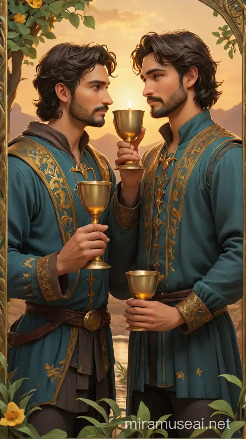 Two of cups tarot card but make it gay men couple holding each other with the 2 cups