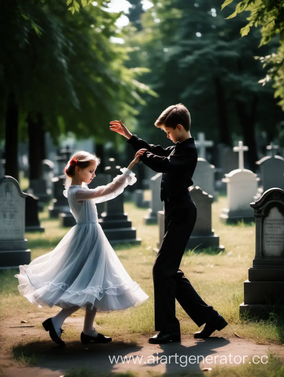 a boy and a girl are dancing a waltz in the cemetery