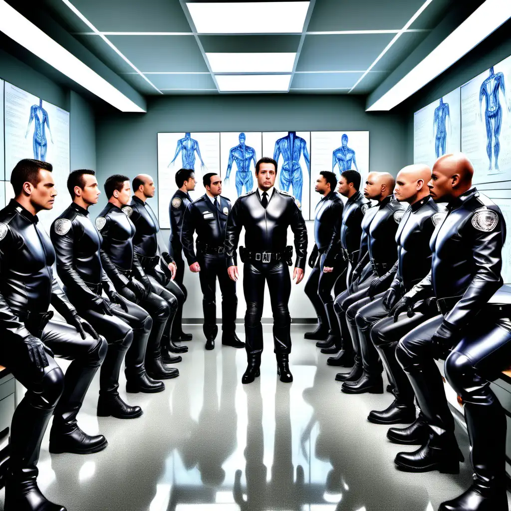 in a futuristic high tech laboratory with many large wall sized monitors showing various human body outlines, stand 3 i lapd motorcycle officers, all with faces identical to the others, each with a muscular athletic bodies all wearing tight 1 piece very shiny black rubber suits,  police dehner boots, form fitting tight police leather motorcycle jackets look at a naked man restrained to a exam table with while a doctor examines him. highly detailed, epic realism, 16:9