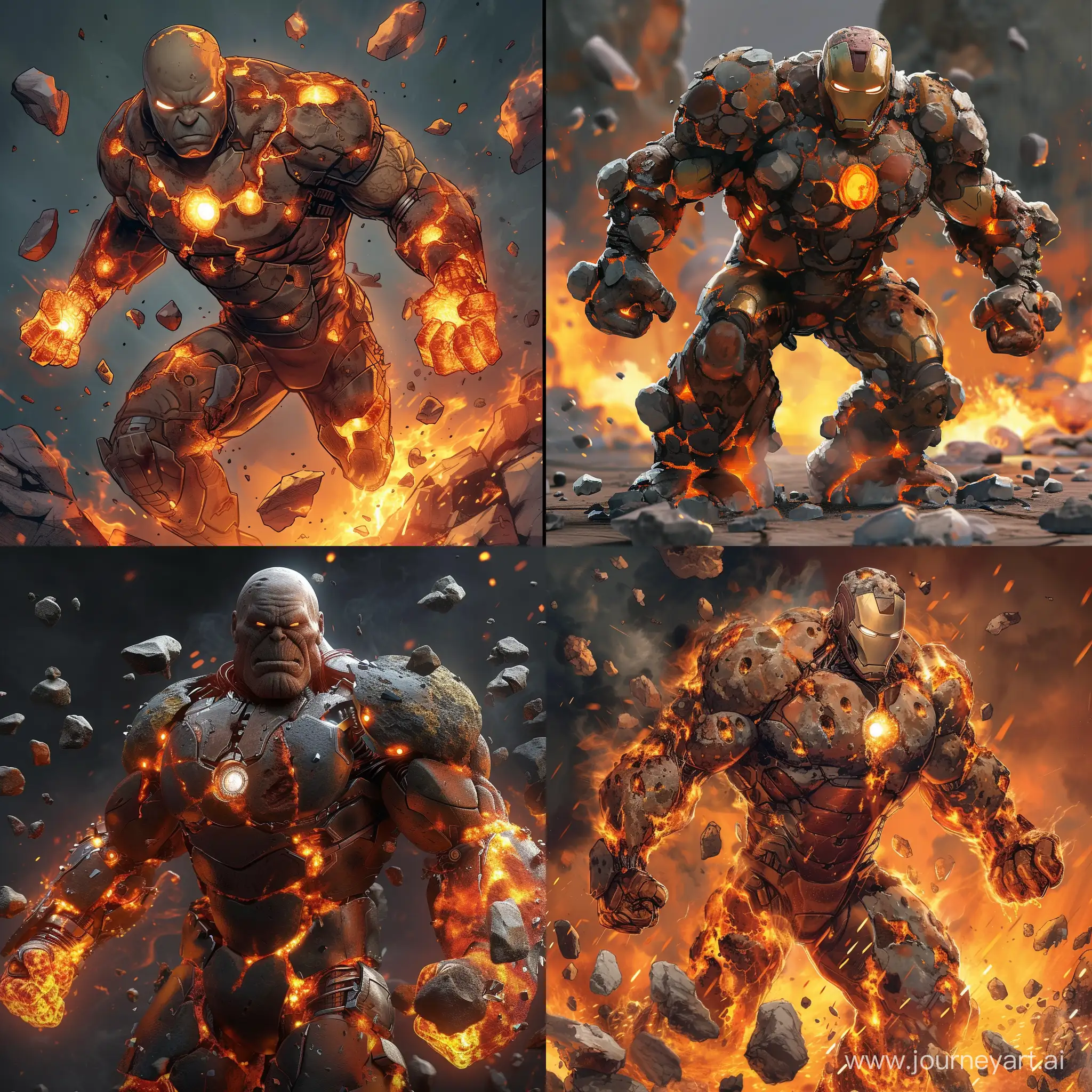 Huld he has lava powers and a nano tech iron man suit with rocks and he is angryyy