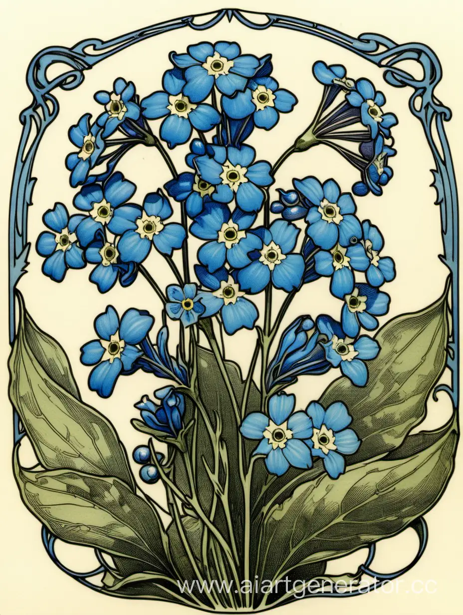  Blue  Myosotis  Floral Illustration, Art Nouveau, pen and ink, 