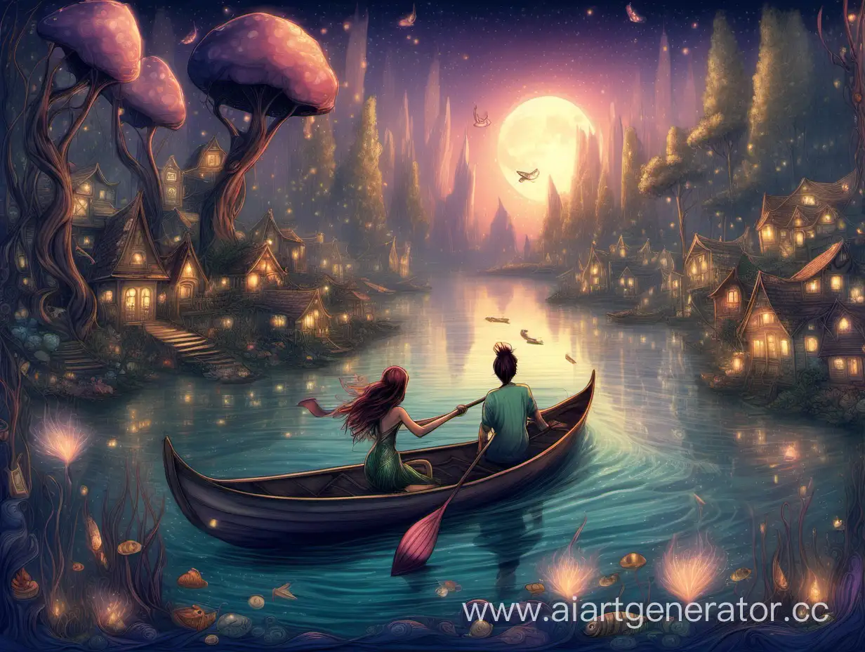 Enchanting-River-Serenade-Man-Playing-Oar-as-Guitar-in-Fairy-Twilight-Boat