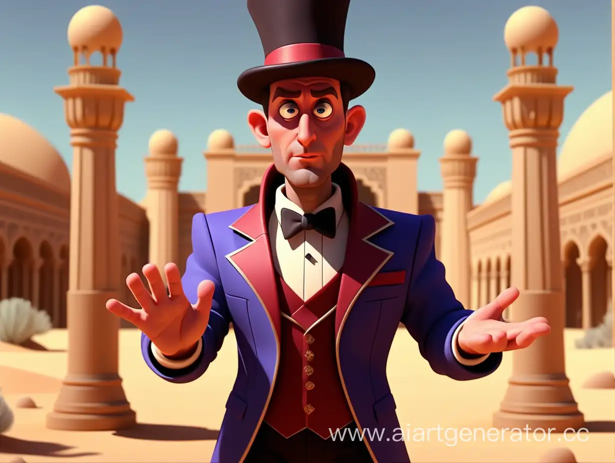 cartoon style, 8k,  one man magician back facing the camera in the palace in the desert.