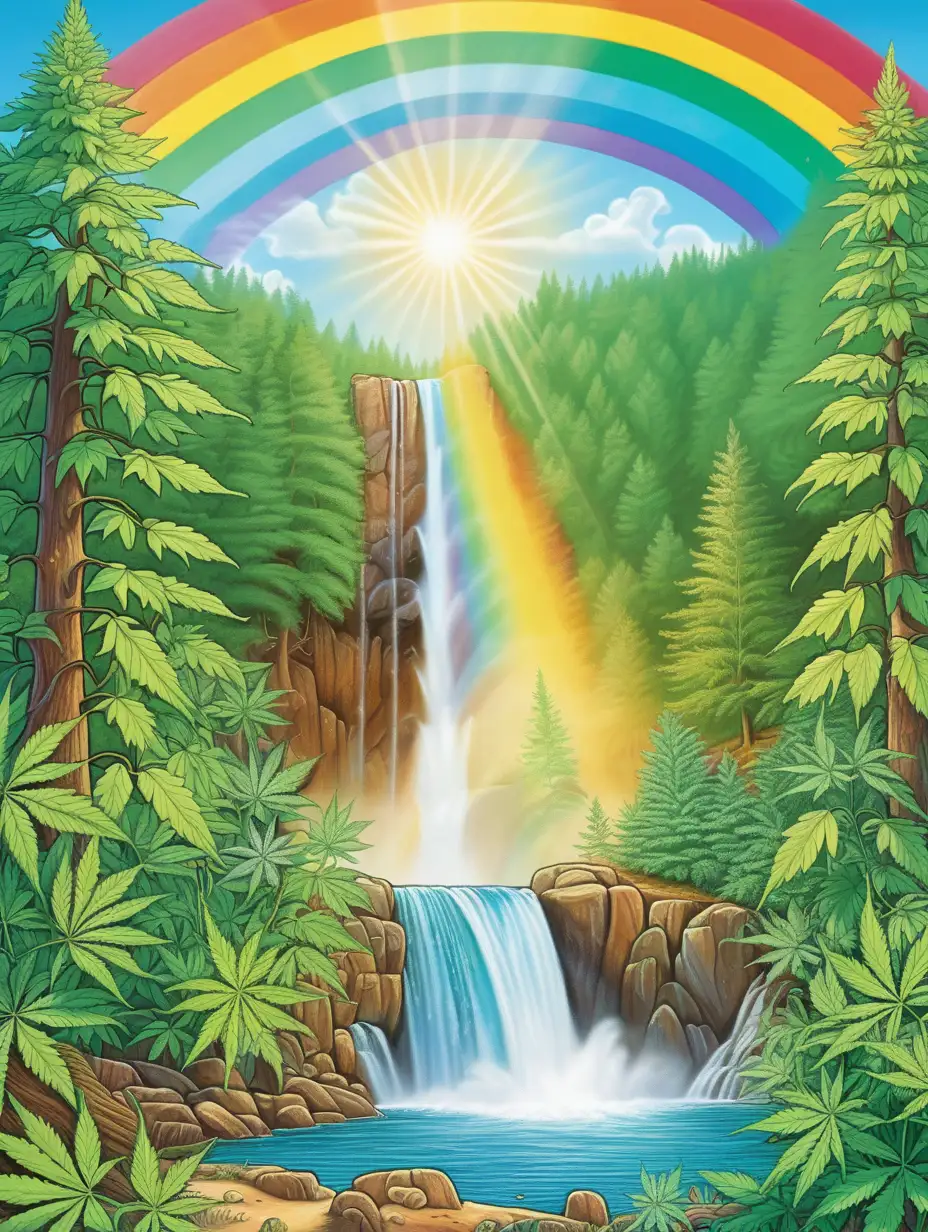 Give me a field of cannabis, forest in the background with a waterfall to the left, rainbow and bright sunshine, cartoon theme





 