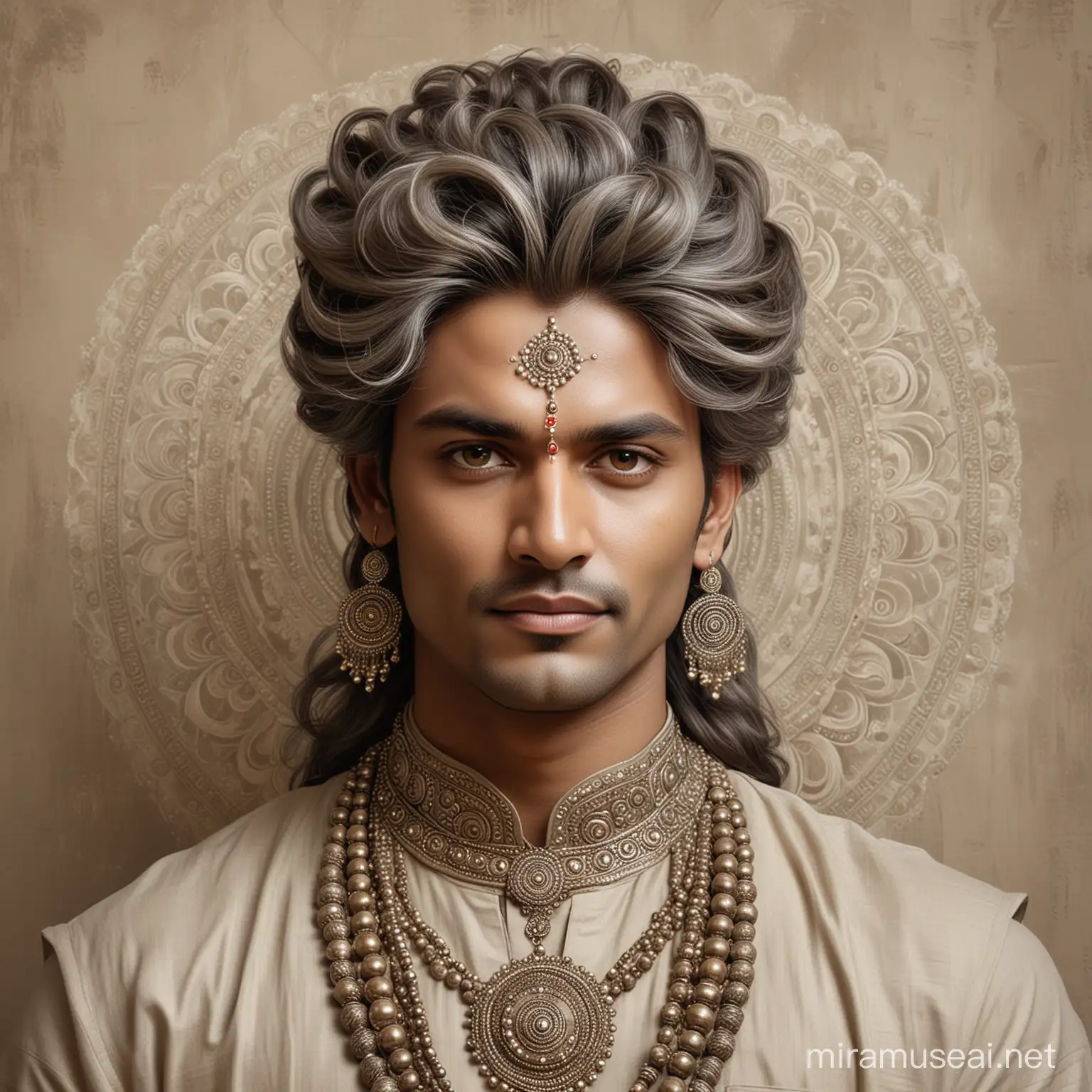 Mature Male Deity in EarthToned Robes with Luxurious Indian Hairstyle