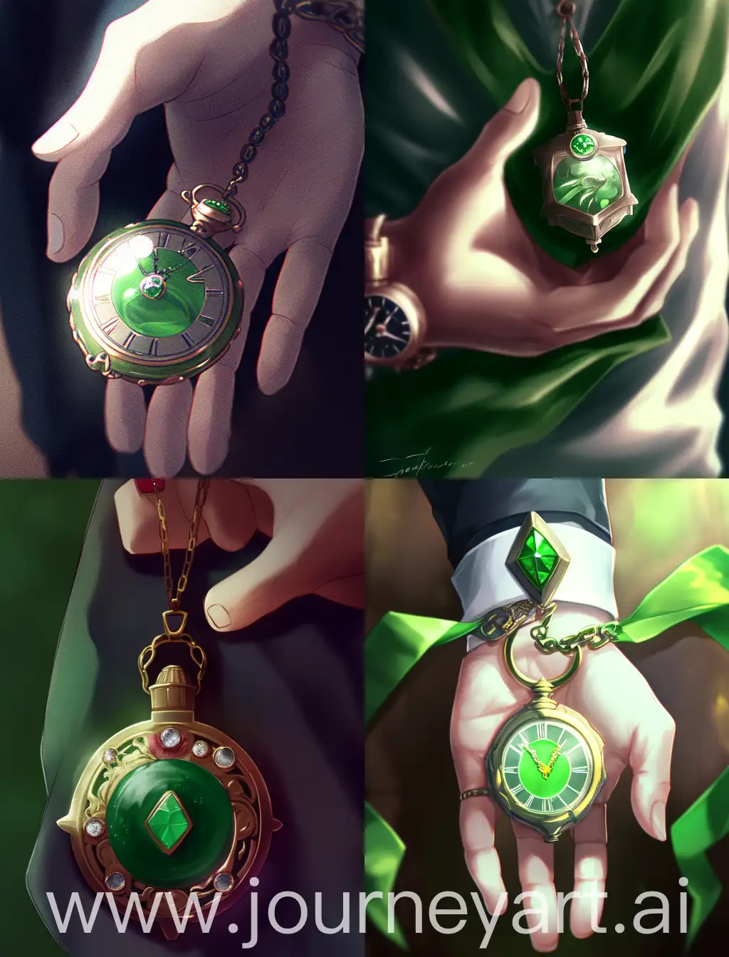 The green time amulet in the guy's hand.