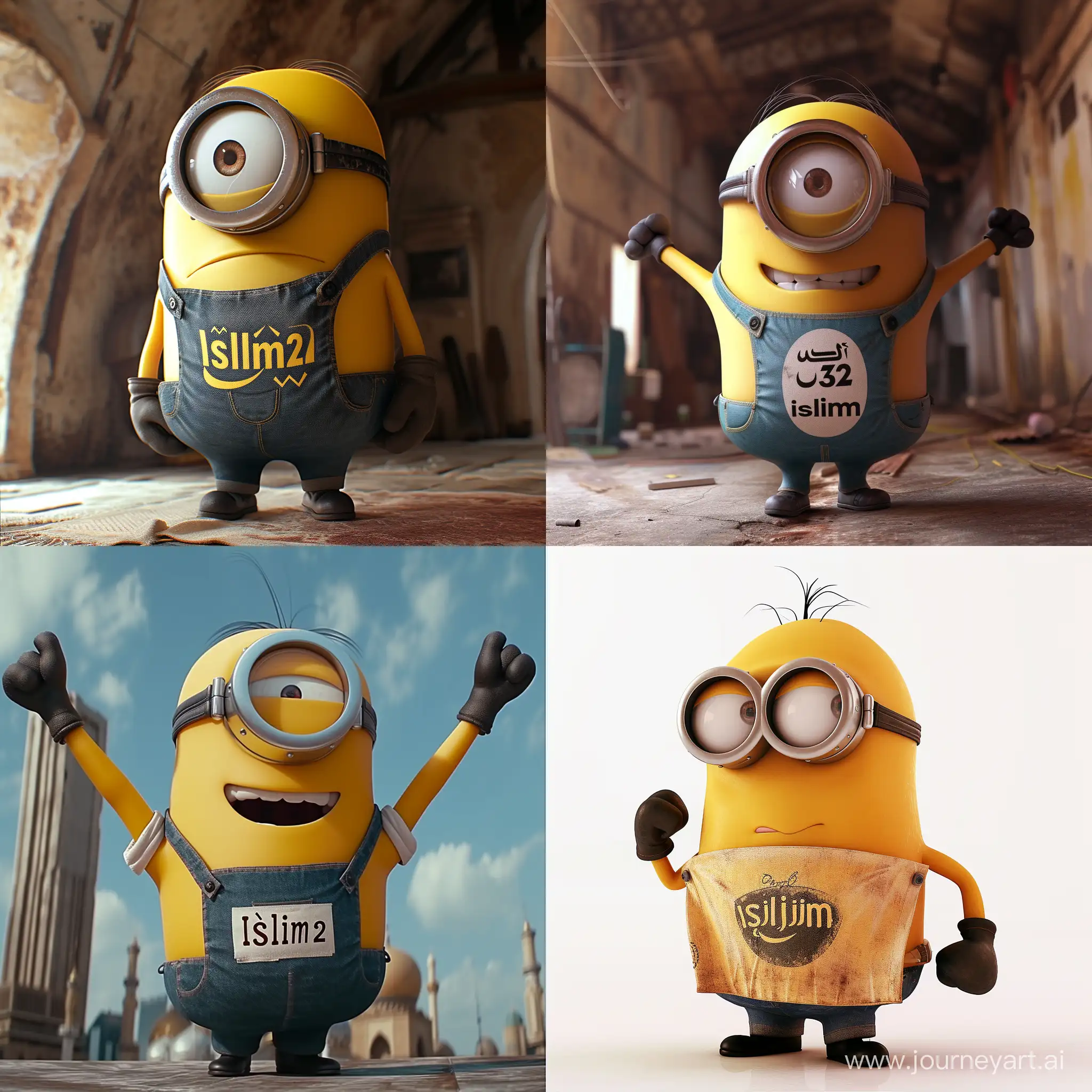 A huge pumped-up minion in a T-shirt with the inscription ISLIM32