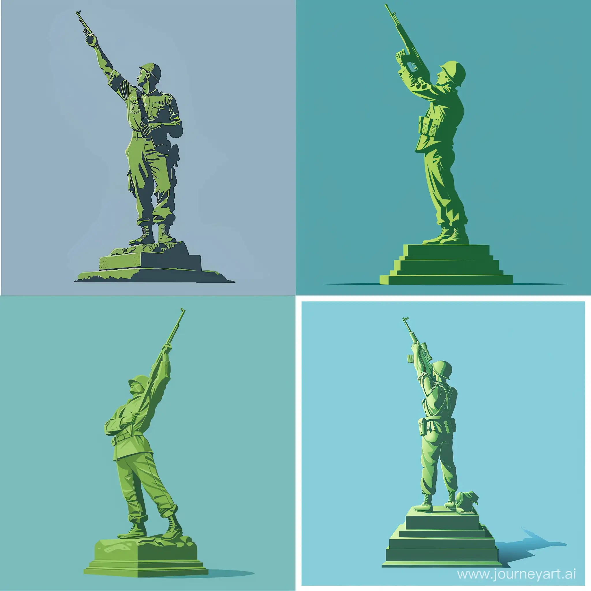 Vector illustrator art image of a green statue of an Algerian soldier standing in 1954, raising his rifle to shoot, with a blue background