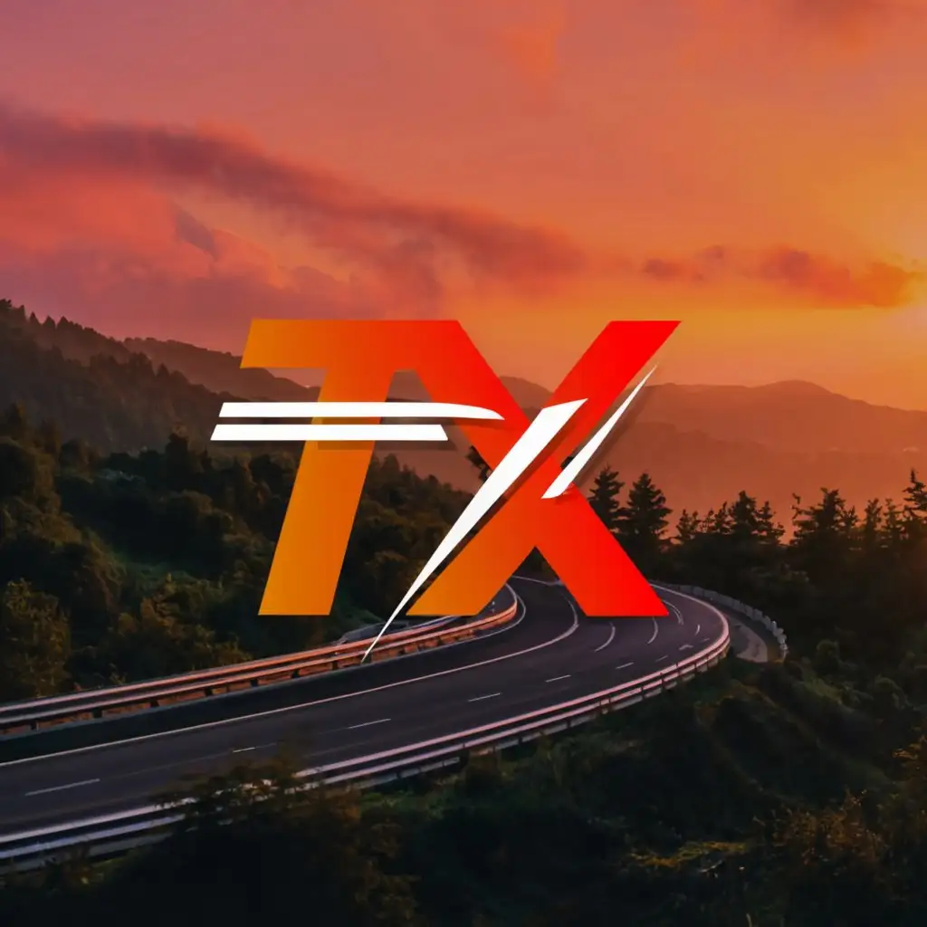 a logo design,with the text "TX", main symbol:A logo design with a super car, the background behind the text is realistic, has a super car on a road with trees and a beautiful view. The main colors should be red and black,Minimalistic,be used in Travel industry,clear background