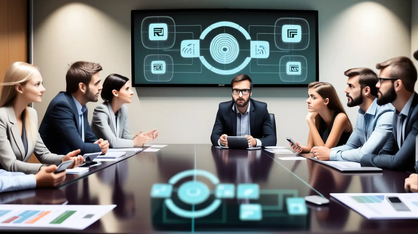 interested people sitting at a conference table looking at each other where a screen showing radio technology and iot is at the background