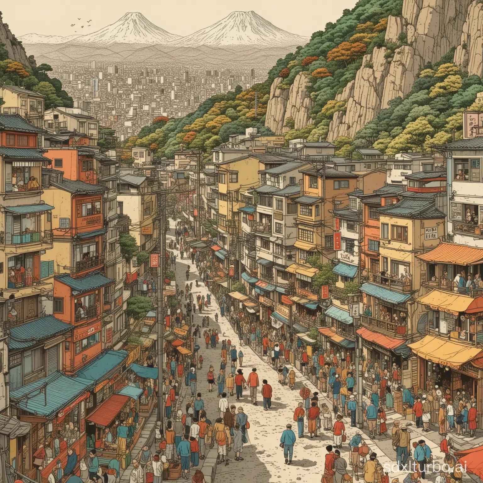 Hergé created detailed pen and ink illustrations of a Tokyo neighborhood on the side of a large mountain in the style of the Tintin comics. Vibrant colors, detailed, many people, sunny day, many people, intricate details