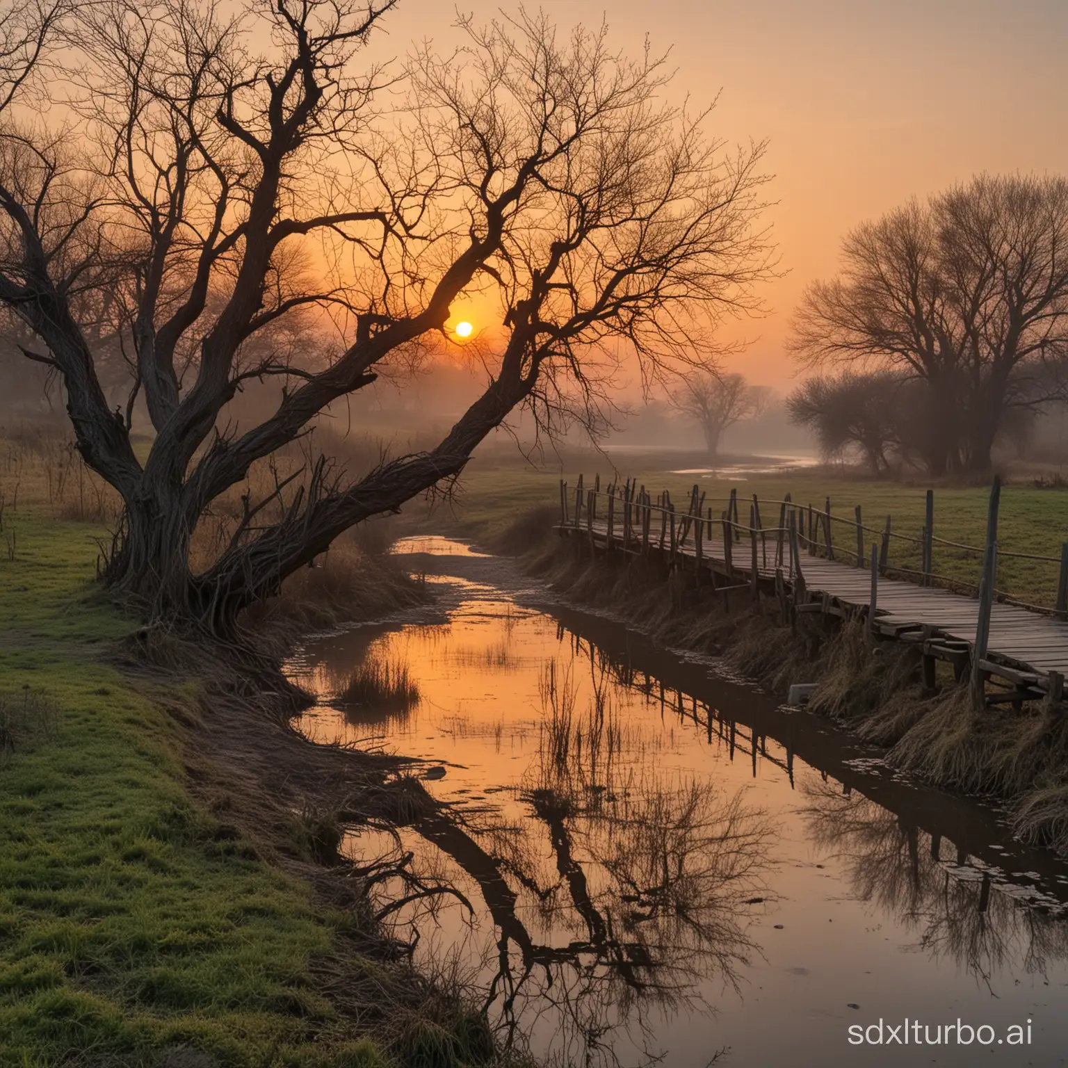The withered vines, old trees, dusk crows; a small bridge, flowing water, a household; ancient road, west wind, thin horse; the setting sun in the west.