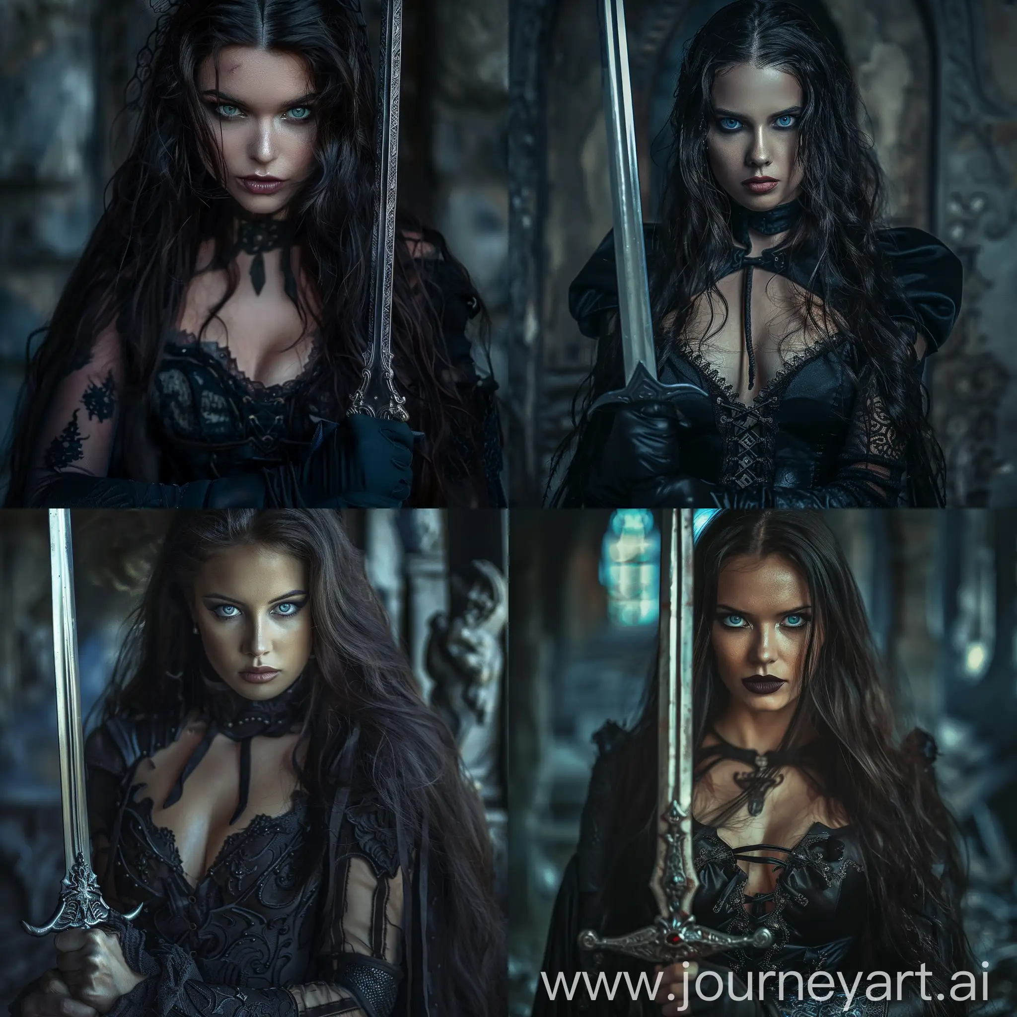 A captivating, ultra-realistic photo of a feminine warrior dressed in dark Gothic-inspired attire, showcasing her lean and muscular build. Her long, dark hair flows elegantly, and her intense blue eyes draw the viewer in. With a bold Gothic makeup look, she wields a sword in one hand, exuding a powerful and seductive aura. The dark fantasy setting, with its gloomy atmosphere, envelops her otherworldly presence, making her the focal point of the image., photo, dark fantasy