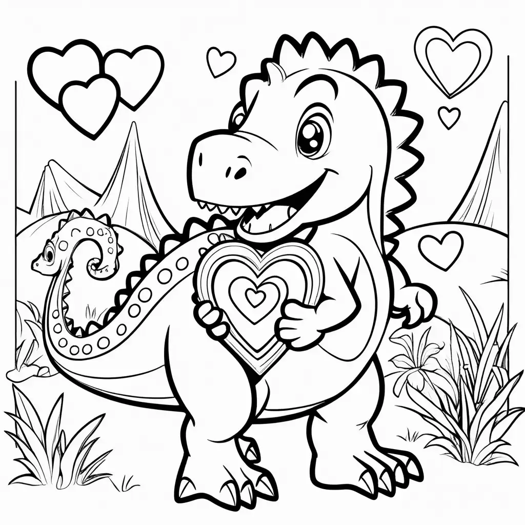 kindergarten coloring page, dinosaur holding a valentine card