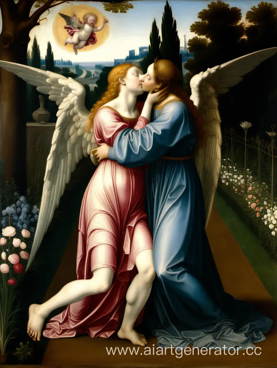 An old Renaissance painting where an angel kisses a human woman in the morning garden