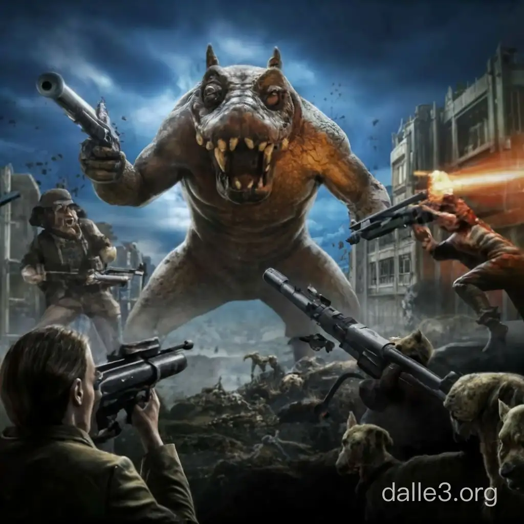 Жуткая собака мутант нападает на крепость сталкеров. На заднем фоне крокодил гена и чебурашка стреляют из пулеметов.
