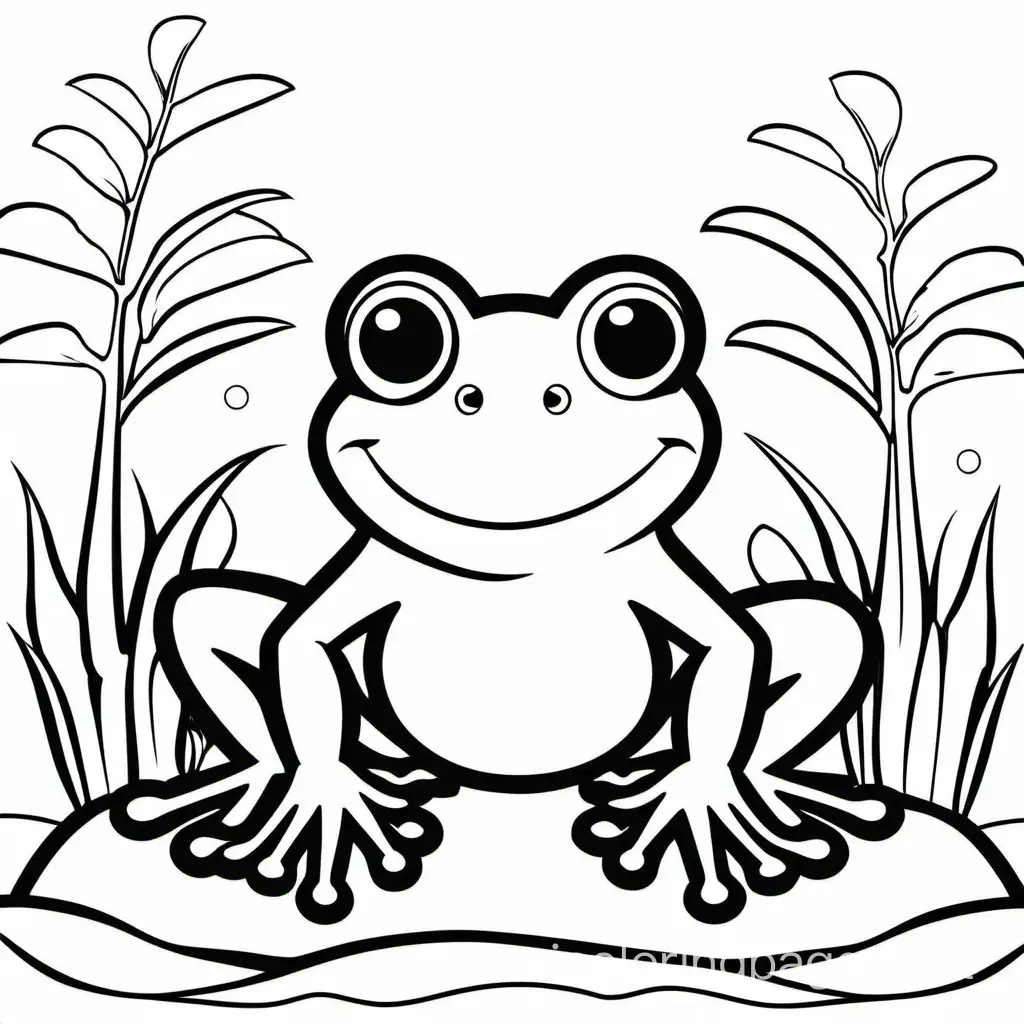 frog happy
, Coloring Page, black and white, line art, white background, Simplicity, Ample White Space. The background of the coloring page is plain white to make it easy for young children to color within the lines. The outlines of all the subjects are easy to distinguish, making it simple for kids to color without too much difficulty