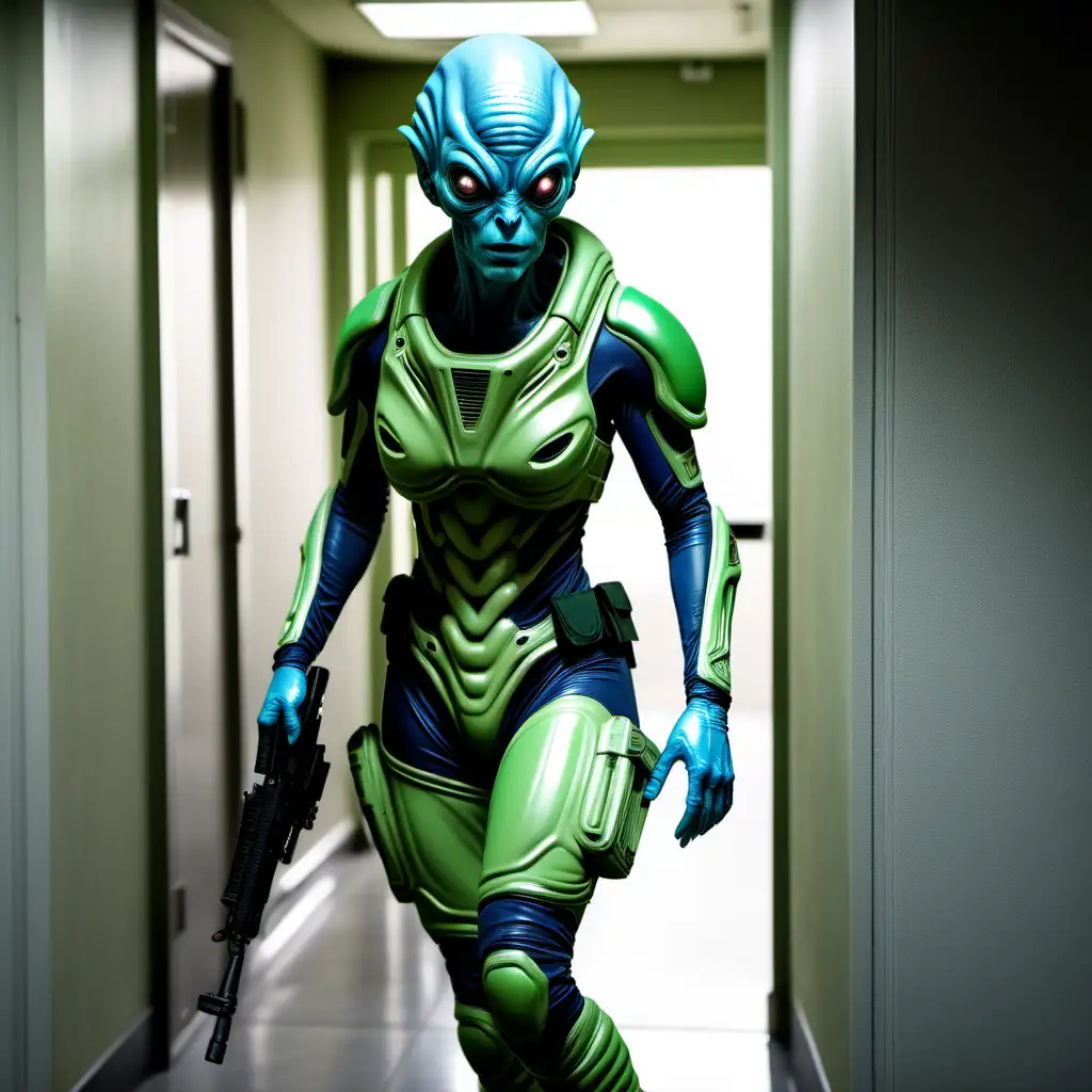 Female Alien Soldier in Green Combat Gear Exiting Room