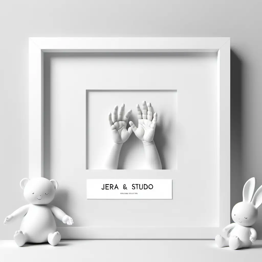 minimalist mockup of baby hands sculptures frame square white include name tag "Jera Studio" in frame