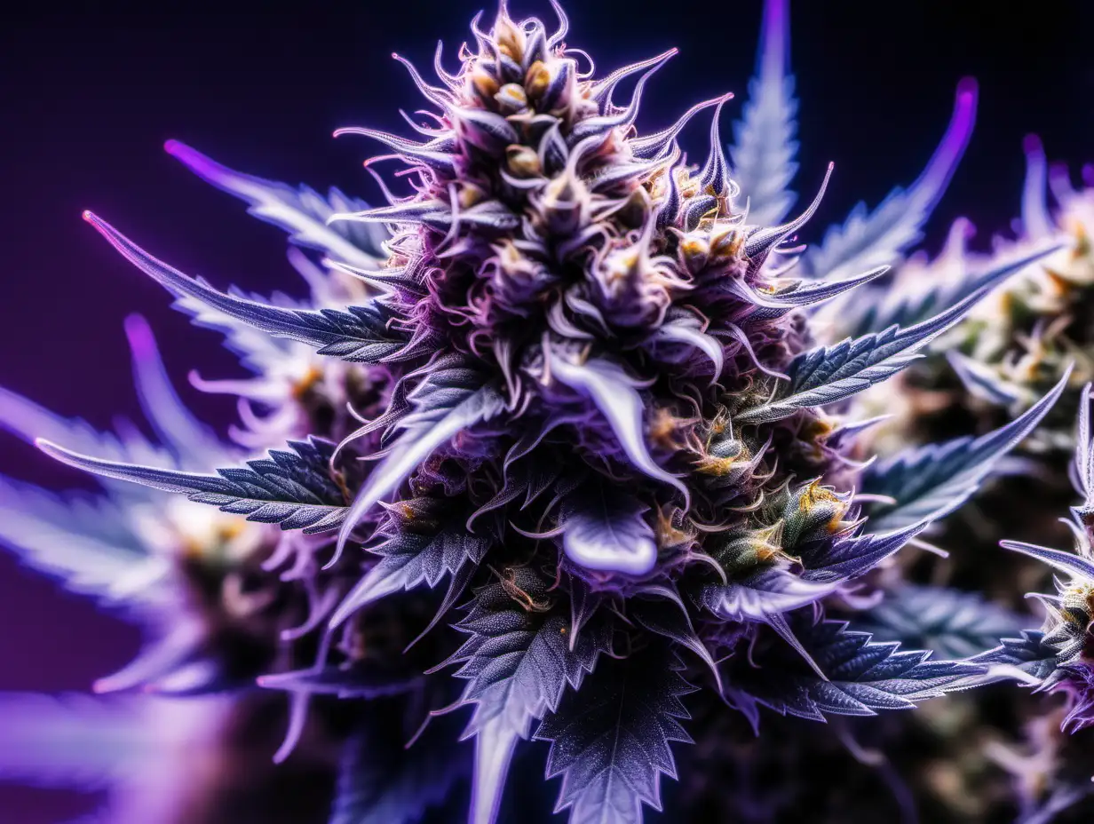 a breathtaking 1000x zoomed in close up photo of a resinous cannabis with purple hues