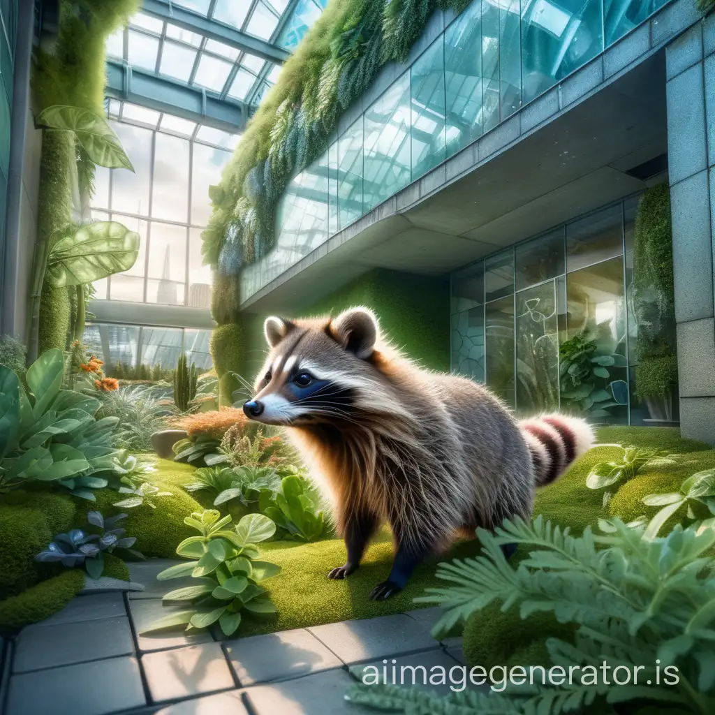A raccoon dog ran toward a futuristic  building covered with beautiful plants, this building has a broken window. vibrant