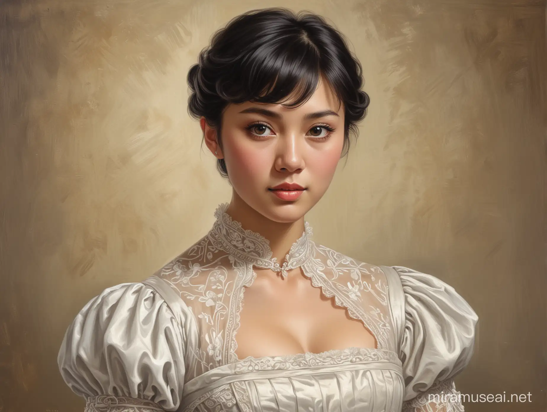 Painting of a victorian era young lady with a black short hair and wearing a black white dress, half body up portrait , between white and brown skin, brown light eyes, small chest, asian shaped like eyes.