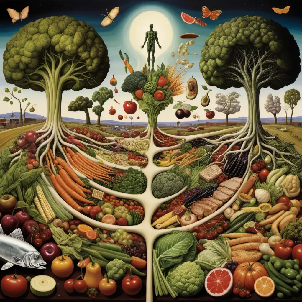 surrealist artwork showing that connection between food we eat and health of bodies/ecosystems. choosing local food is radical.