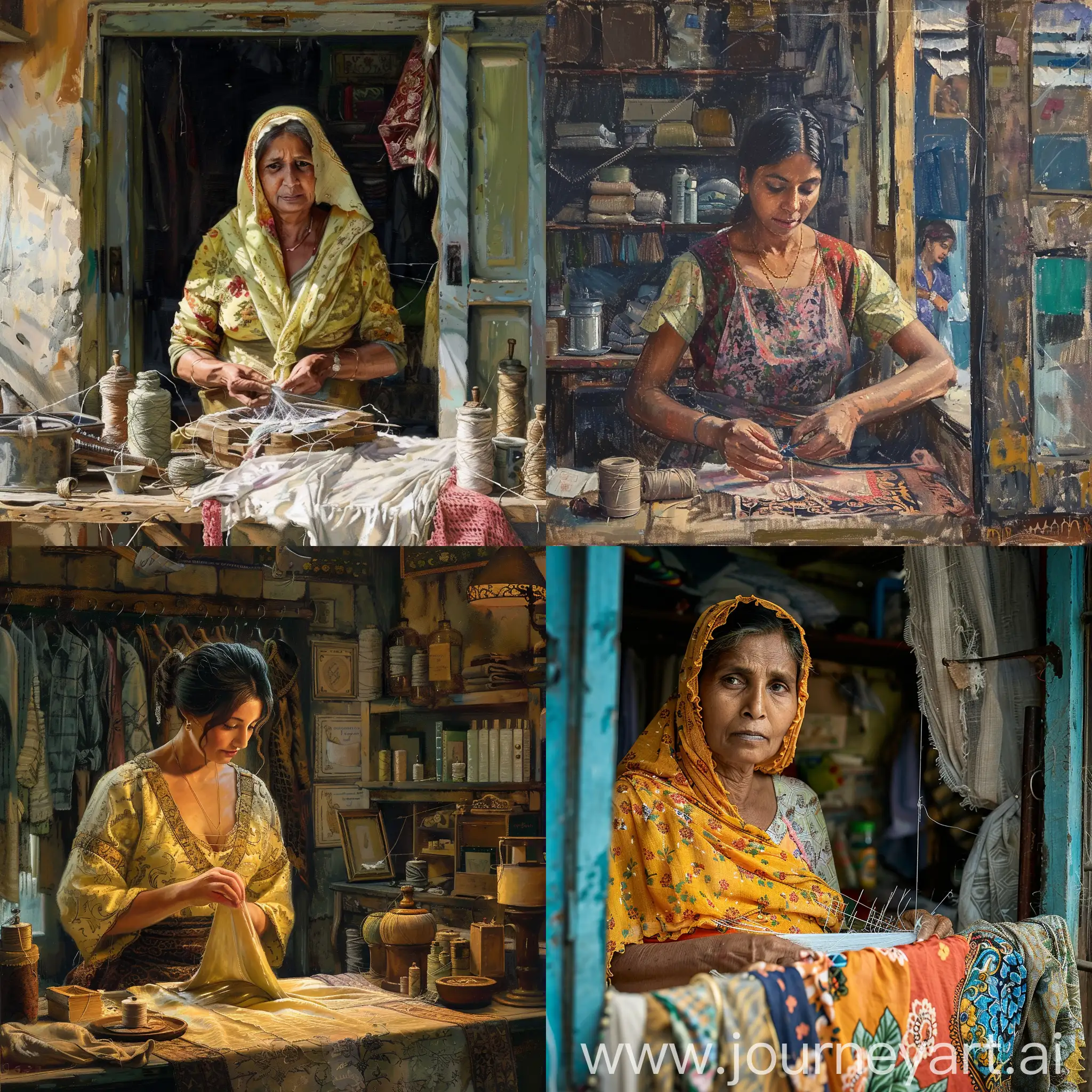 A tailor inside her shop sowing cloth