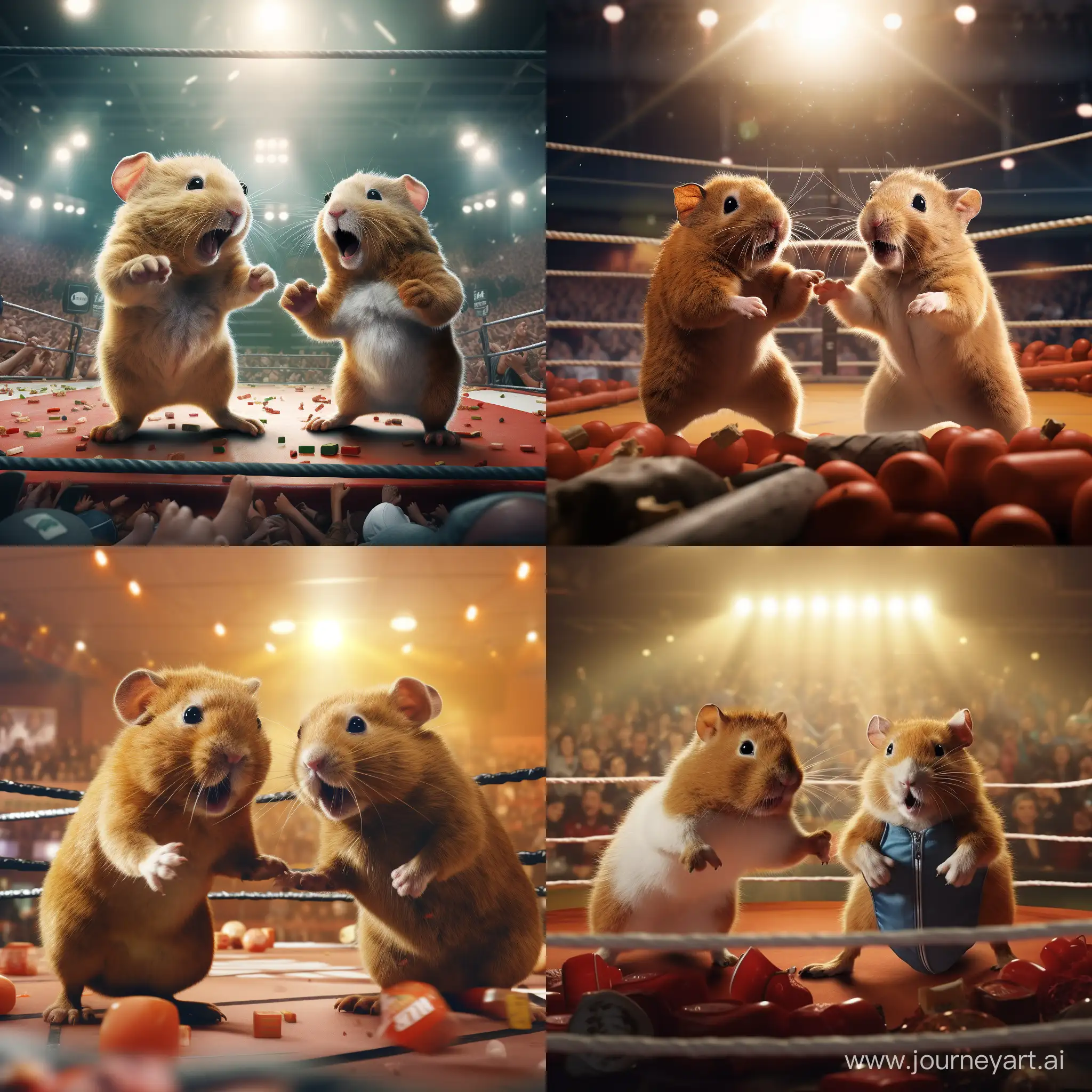 Action shot of 2 cute hamsters fighting each other, during a kickboxing match, in a boxing ring with a crowd of hamsters watching. One hamster is kicking the other hamsters face.