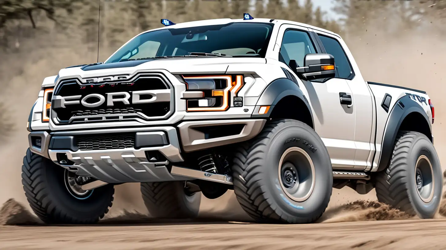 a white 2018 ford raptor with big tires cartoon style running over and smashing a Ram TRX truck

