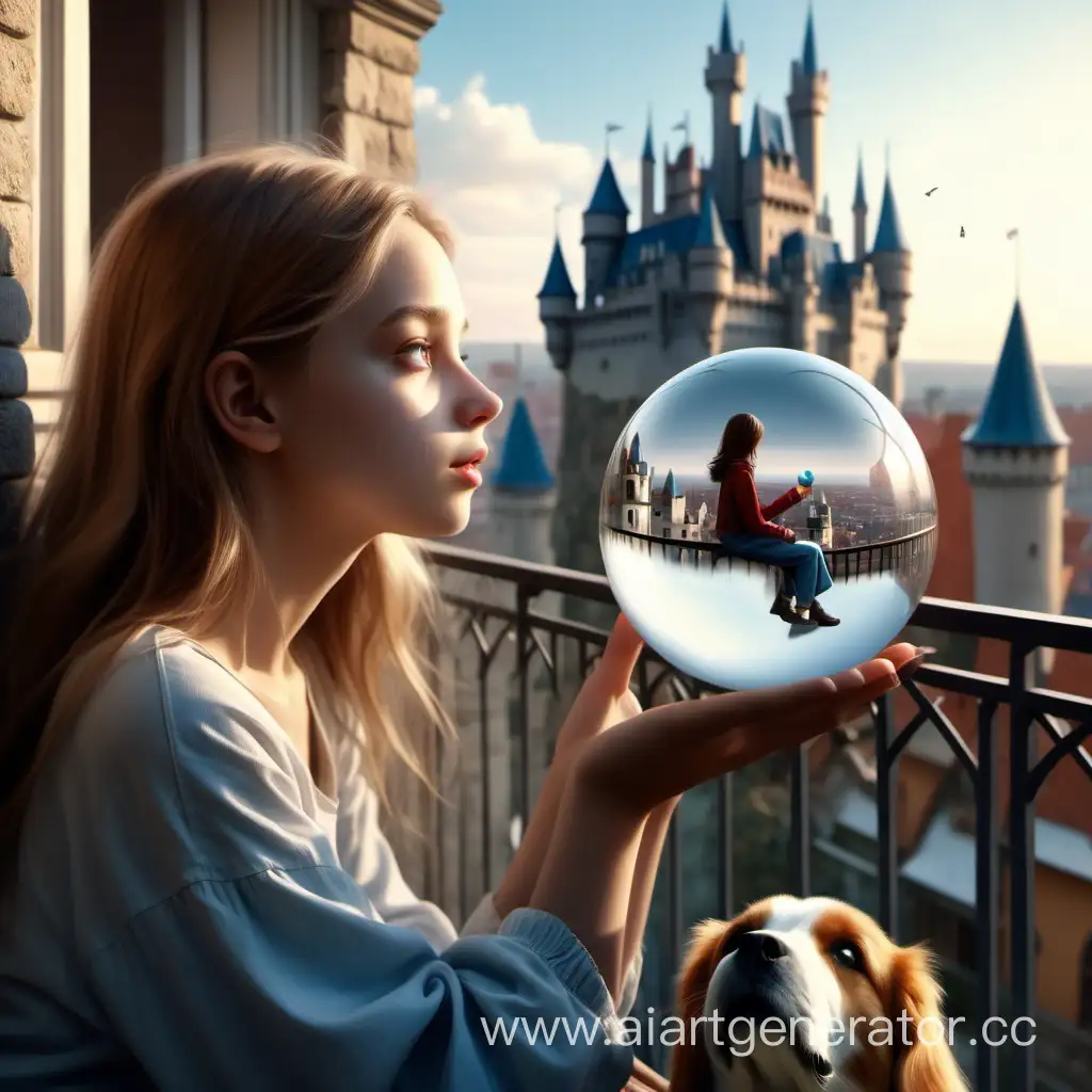 девушка сидит на балконе и смотрит на город с замком , в руке у девушки стеклянный шар и радом сидит собака, реализм