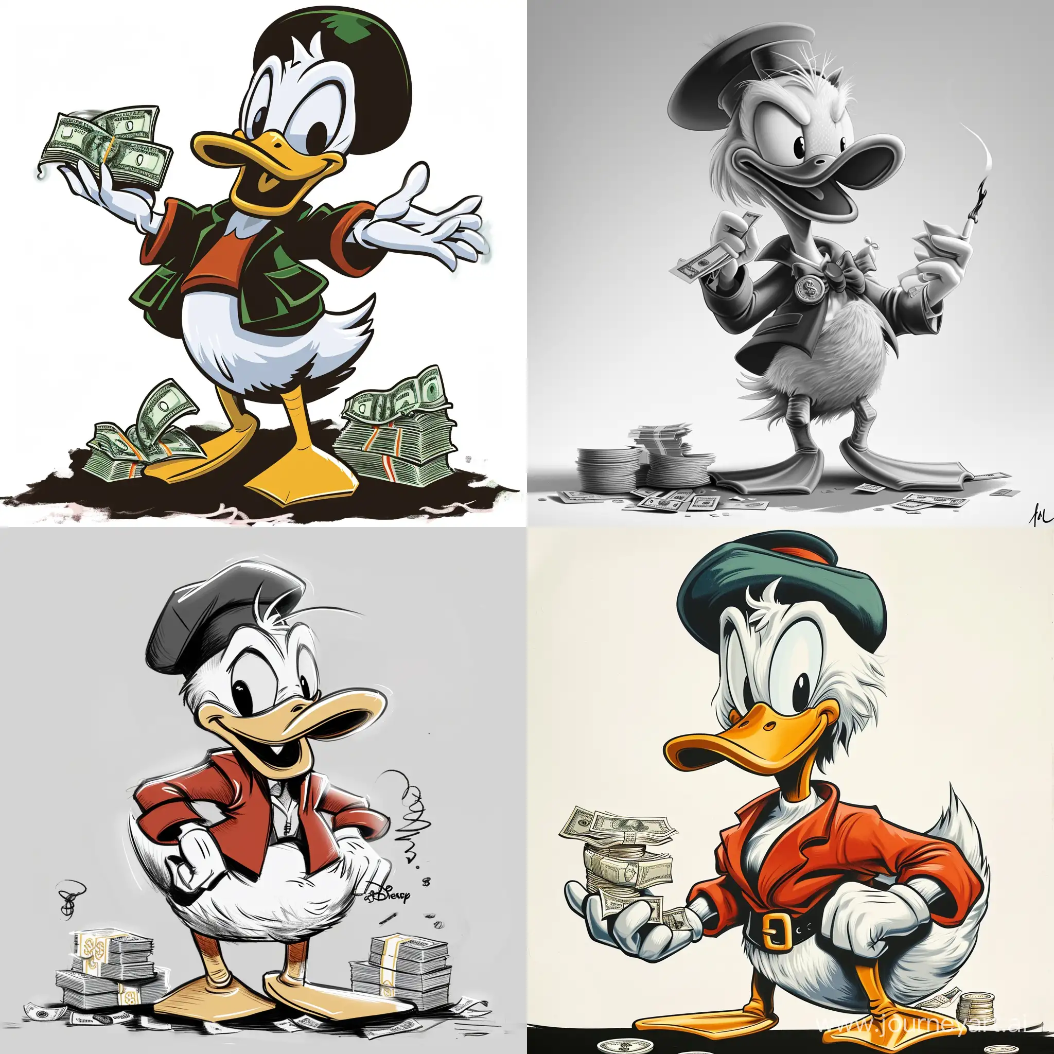 Scrooge McDuck is not in full height with a lot of money, on a white background, in a minimalist style, black and white background