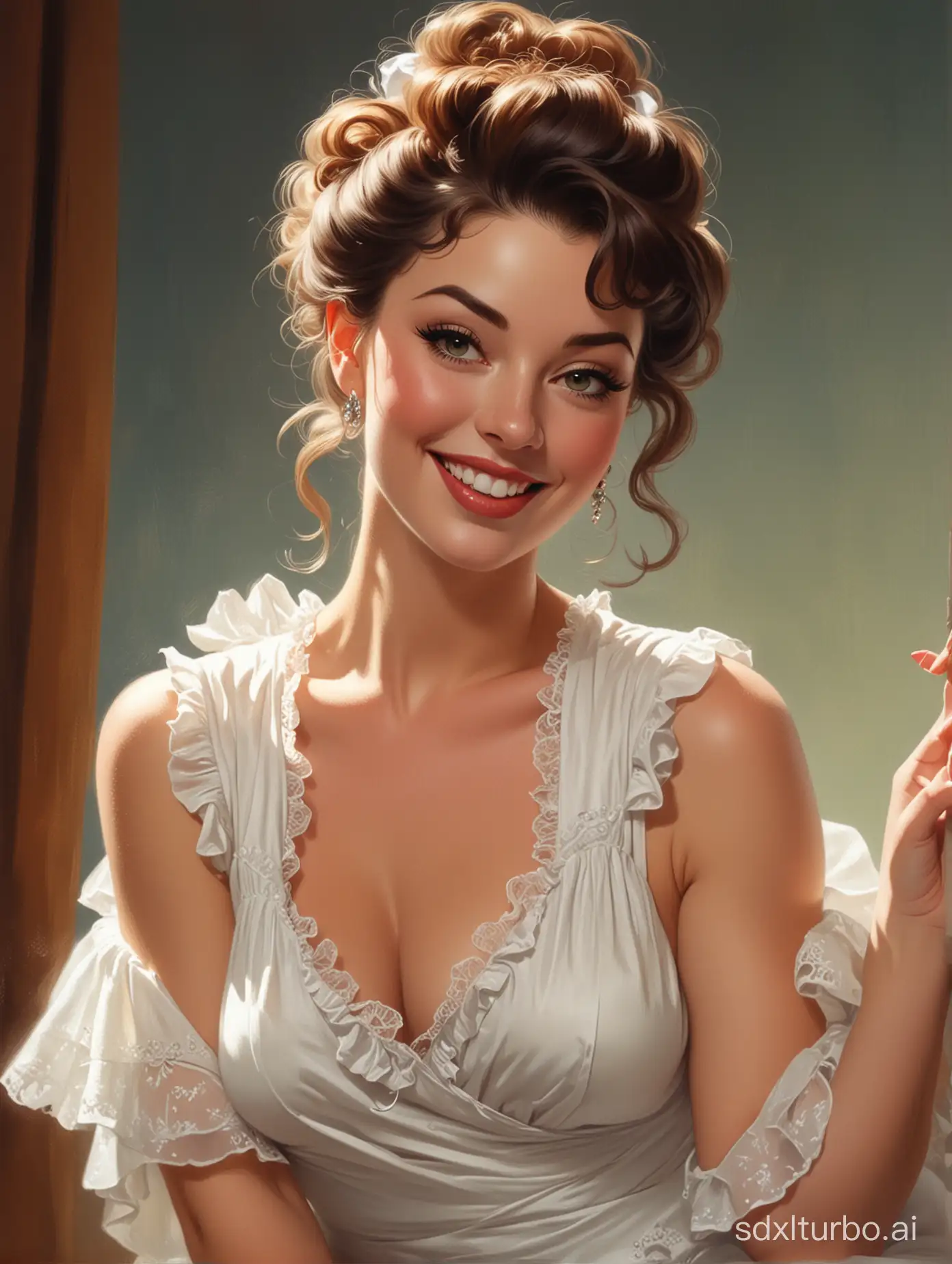 a picture of a woman in a white dress, by Gil Elvgren, karol bak uhd, high detail, playful smirk, burlesque, wearing a nightgown, ad image, angus mcbride, frill, waist - up, detail shot, boris vallejo and tom bagshaw, slightly smiling, western comic book art, detail, full pose