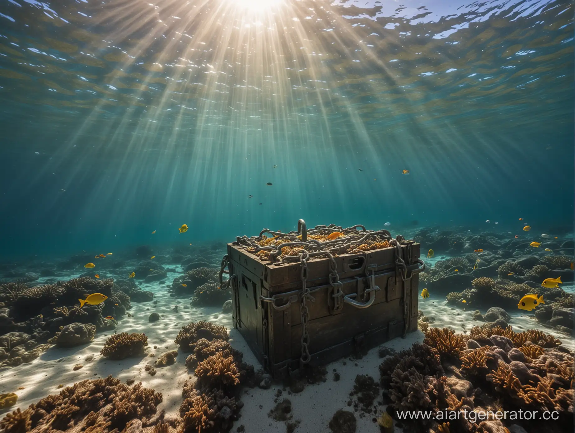 a closed chest wrapped with an anchor chain and closed with a large barn lock lies on the seabed, and colorful fish swim around and the rays of the sun break through the water column