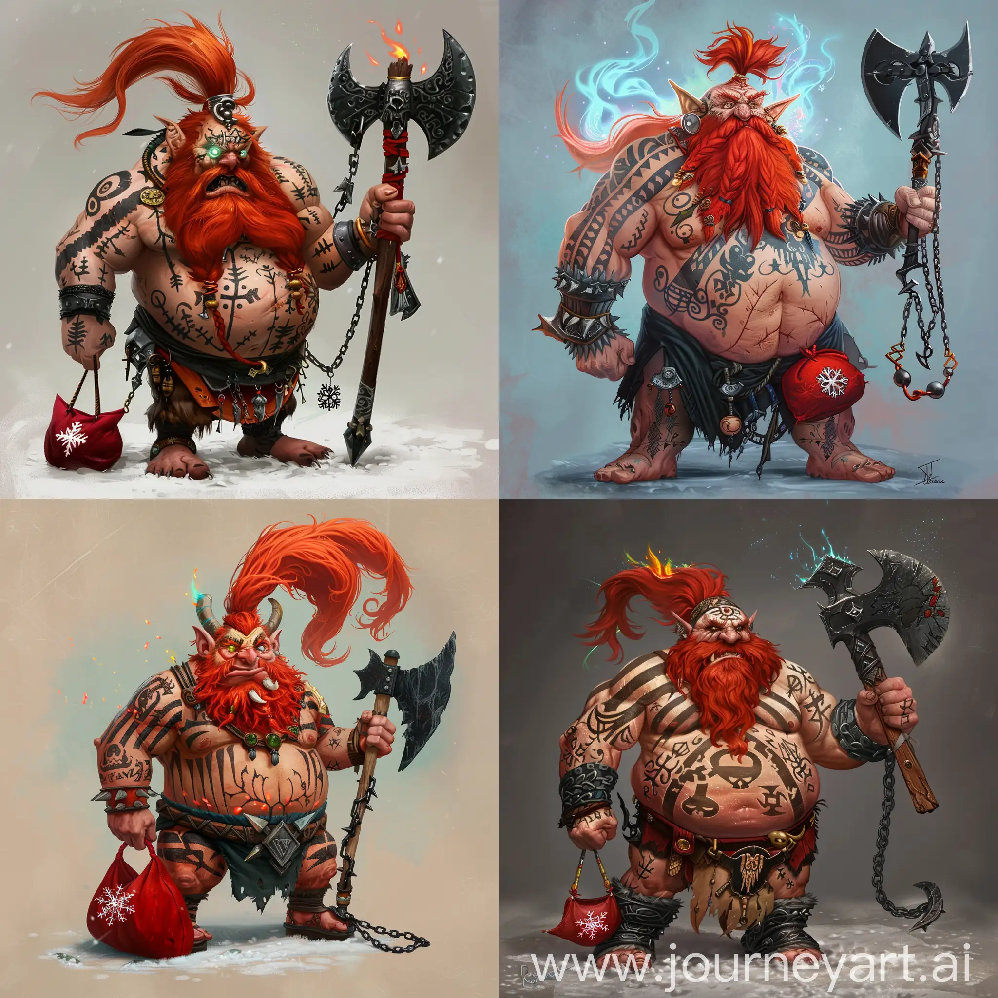 a fat barbarian dwarf named Bulgur is Red-haired, with a bare torso, red-haired with a long and wide tail of hair and a beard all in tattooed stripes all over his body, a small red bag with snowflakes on his belly, all ablaze with magic, his eyes burn with rainbow fire, evil yells at the top of his throat, brandishing a black metal axe on a chain (the chain is wound around the hand with which he holds an axe), despite the evil expression on his face, he is quite kind and iron-loving, an epic fantasy art character
