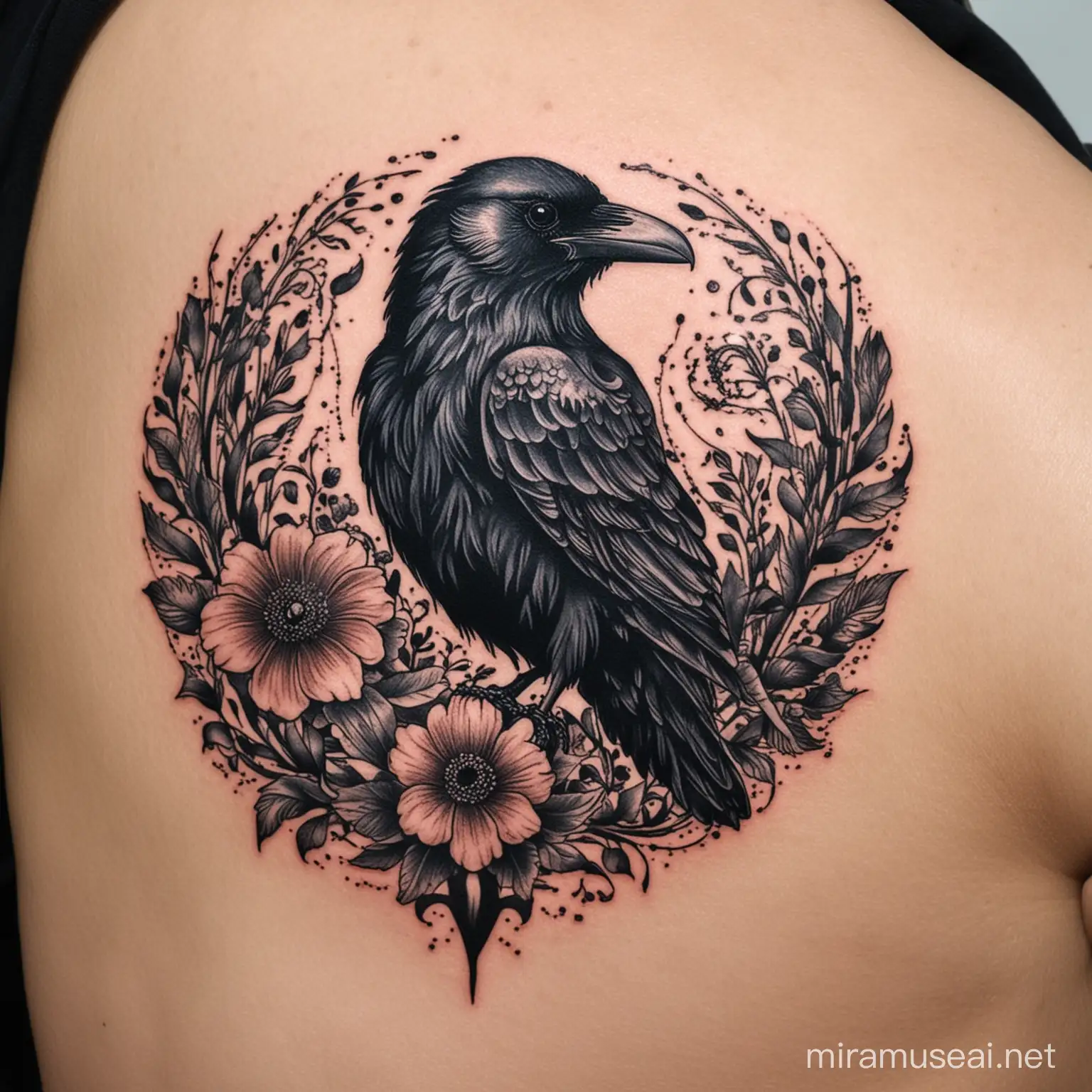 Raven with Flower Whipshading Tattoo Intricate Avian Design in Vivid Color Palette