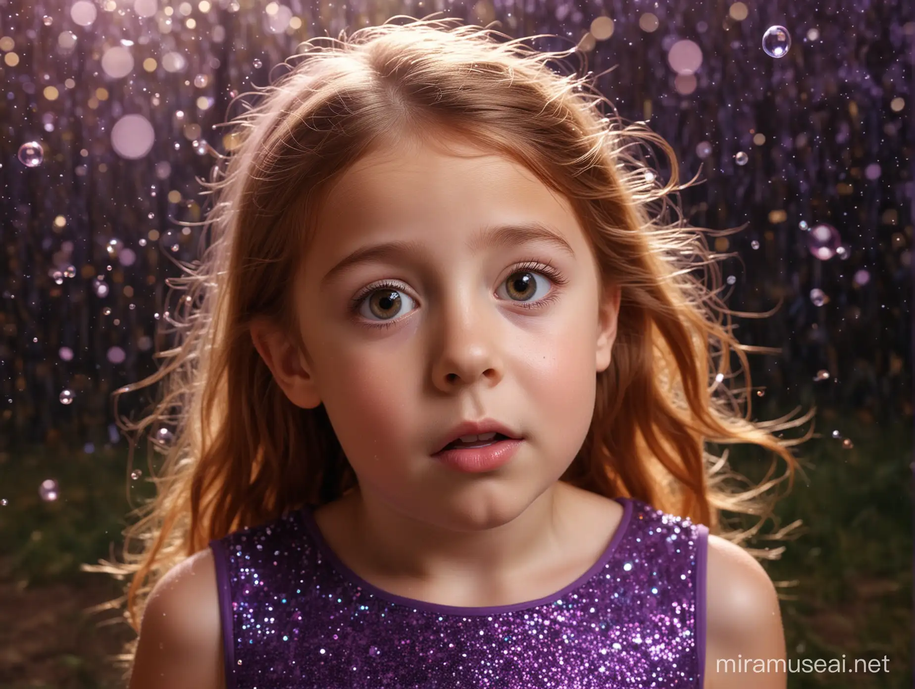 gros plan visage petite fille 6 ans cheveux châtain, regard surpris. Elle a une robe violette sans manches, simple, brillante. elle est dans une forêt enchantée magique féérique la nuit lumineuse avec des paillettes qui volent partout, des bulles, des fées.