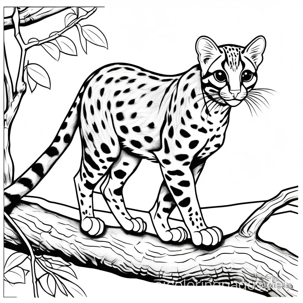 ocelot walking on branch, Coloring Page, black and white, line art, white background, Simplicity, Ample White Space. The background of the coloring page is plain white to make it easy for young children to color within the lines. The outlines of all the subjects are easy to distinguish, making it simple for kids to color without too much difficulty