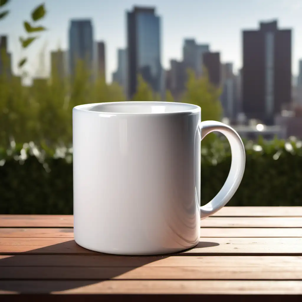 Generate a high-resolution mockup of a plain white 15oz ceramic mug (4.5" H x 4.5" W x 3.4" D, 10.75" Circumference) on an outdoor terrace table during a sunny morning. The background should feature a blurred cityscape or garden view, with the focus on the mug bathed in natural morning light.
The mug must not have any type of design, plain white.