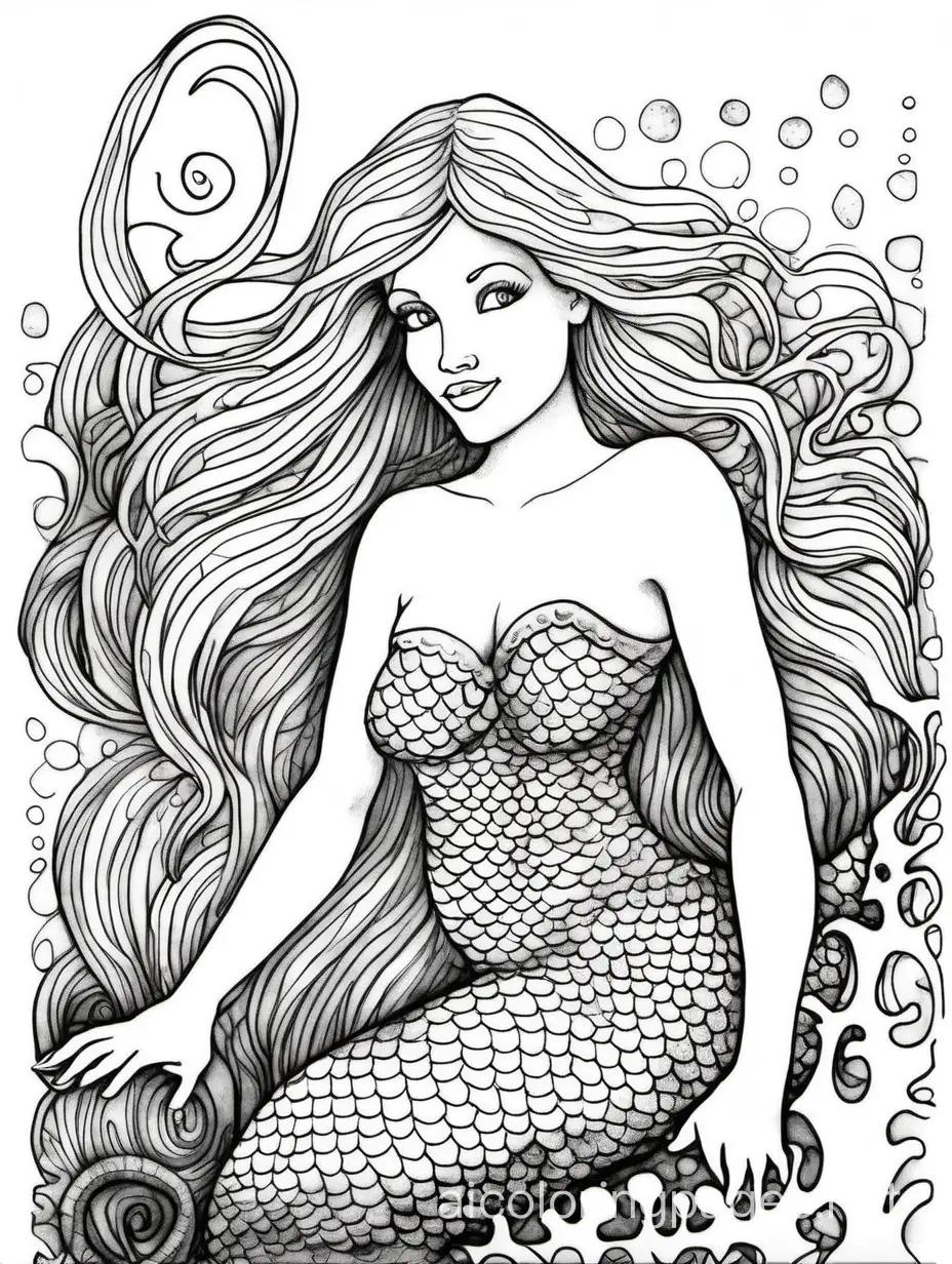 mermaid, pen and ink and watercolor, fine art masterpiece, vibrant, lively, beautiful, colorful, full length view, , Coloring Page, black and white, line art, white background, Simplicity, Ample White Space. The background of the coloring page is plain white to make it easy for young children to color within the lines. The outlines of all the subjects are easy to distinguish, making it simple for kids to color without too much difficulty