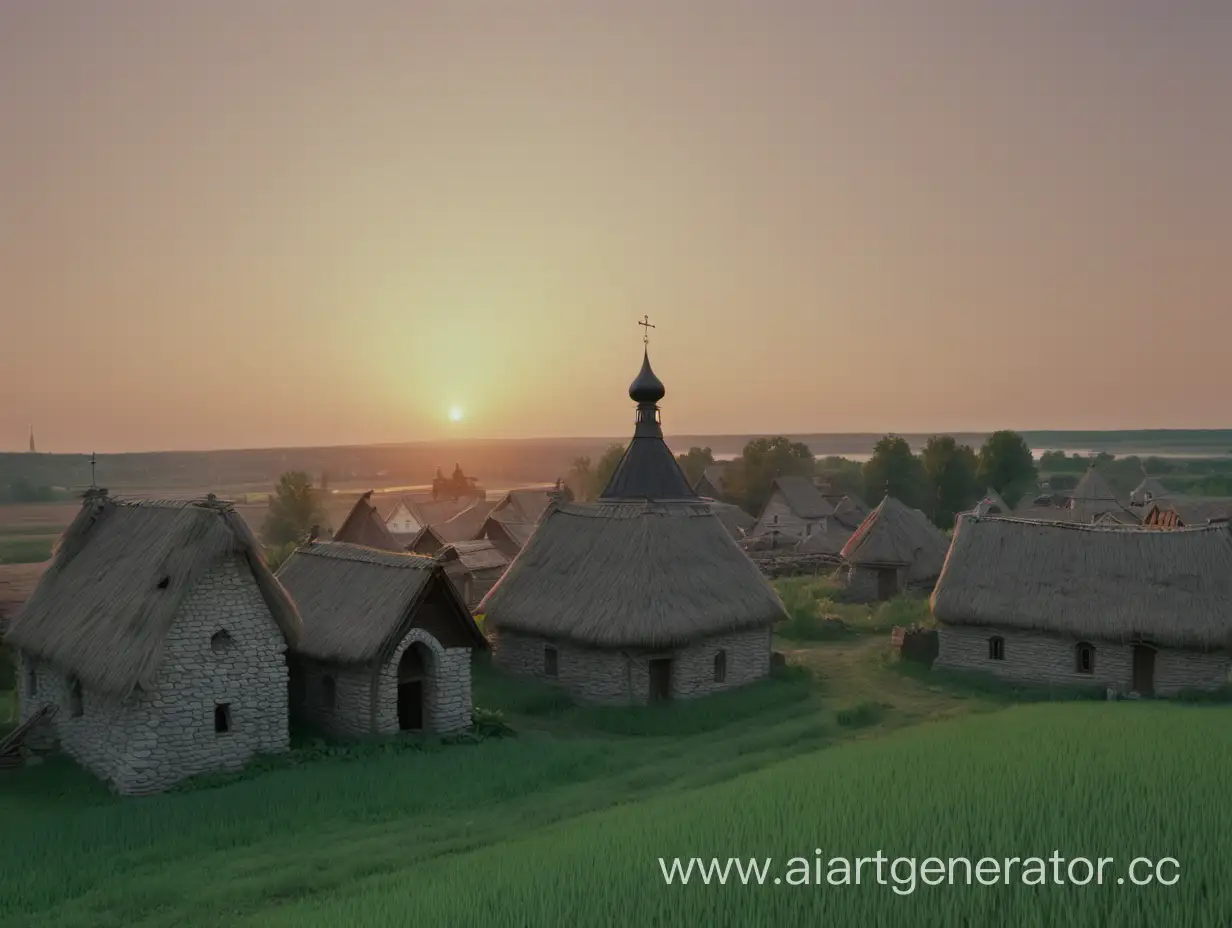 украинский хутор , 18 век,  церковь вдалеке, крестьяне,  каменные дома, закат, 8k