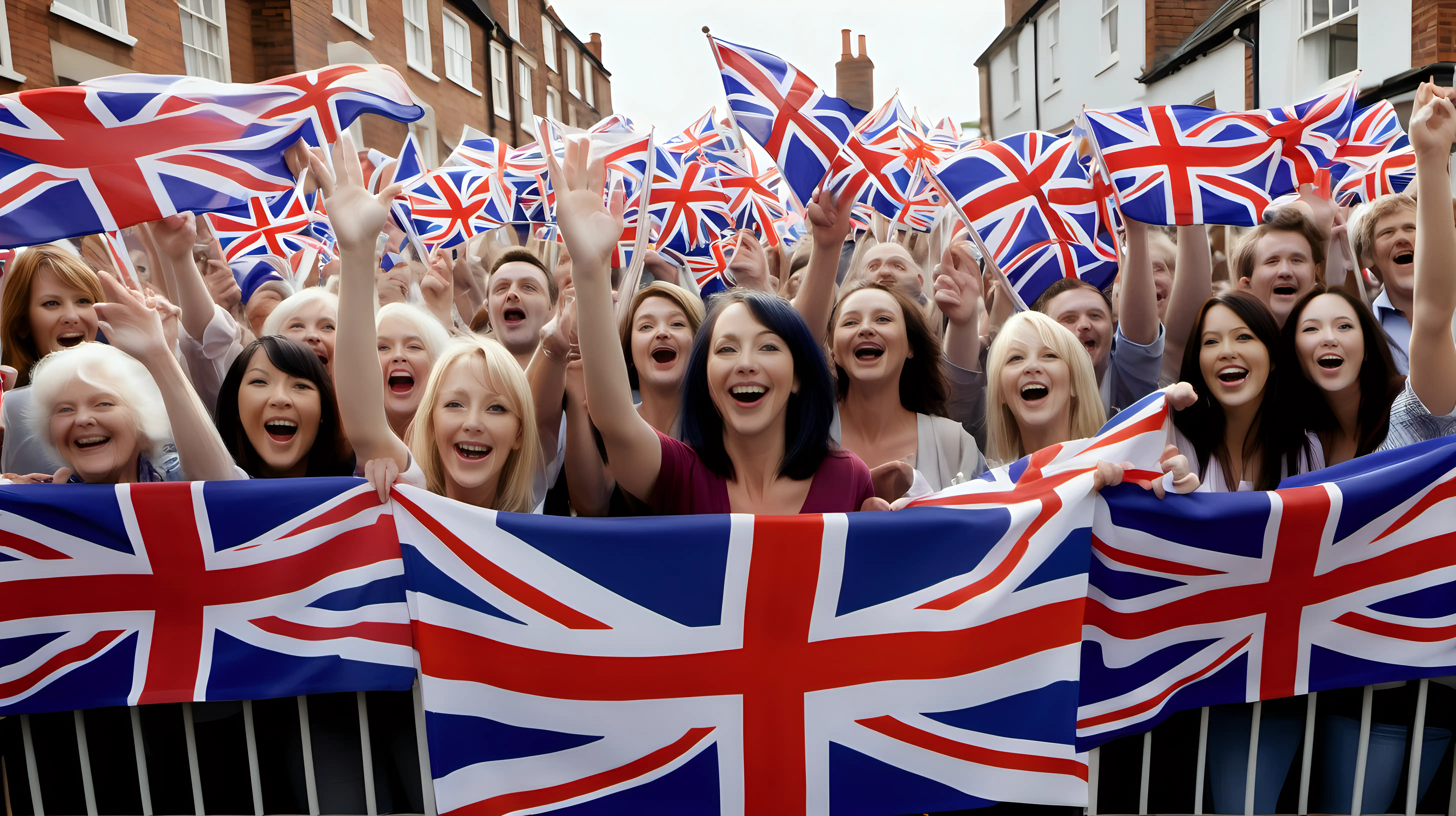 "Frame a scene of a group of people waving Union Jack flags in unison, their faces beaming with national pride during a celebratory event."