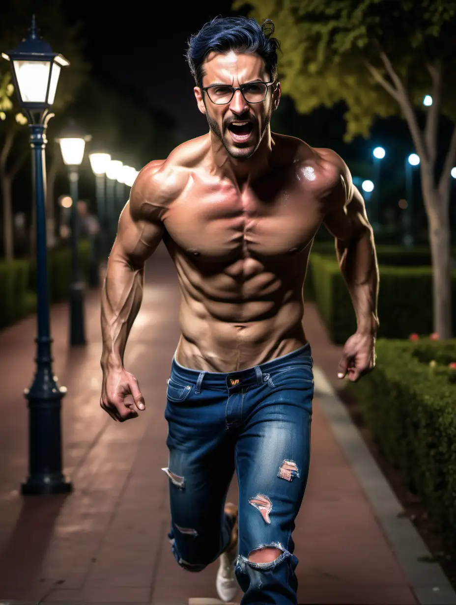 Handsome Spanish man, navy blue hair, stubbles, glasses, muscular, shirtless torn jeans, , very sweaty, oiled up, show hairy chest, show abs , rose garden, street lamps, night, running to rescue the viewer 