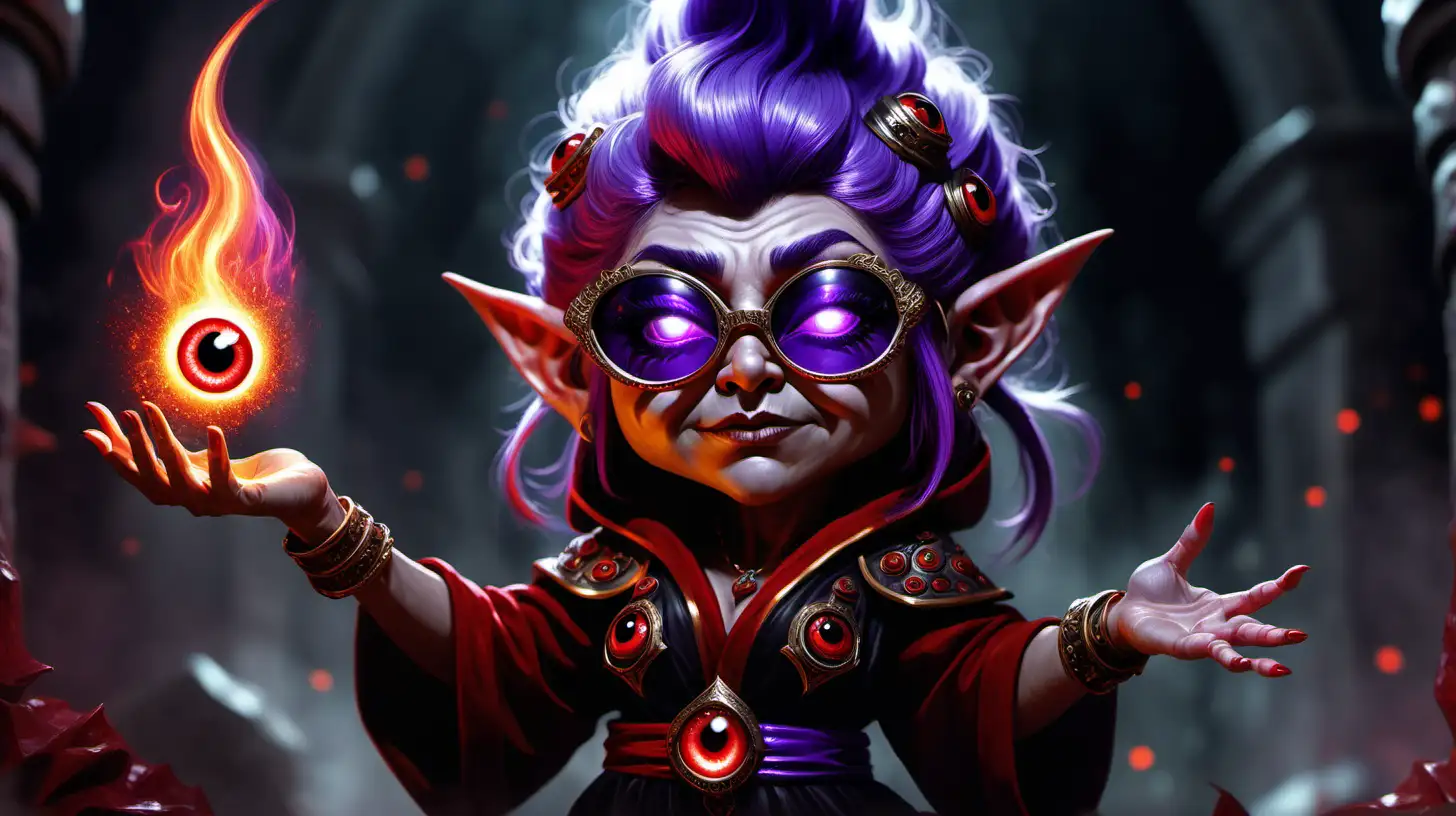 fantasy art, 8k, a glamous female gnome with a beehive hairdo, dressed in intricate red and black robes and wearing sparkling purple sunglasses casts the evil eye curse, spell effects like a ghostly eye, magical red eye motiff, by World of Warcraft