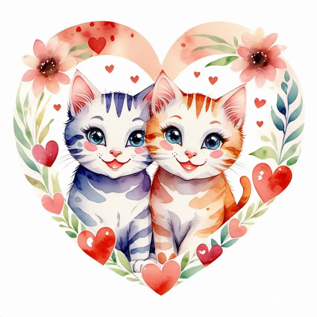 милые влюбленные 2 котенка с мультяшными личиками улыбающиеся без заднего фона в акварели в сердечке